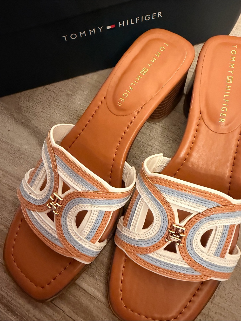 Tommy Hilfiger Tan, White & Light Blue Leather Slide Mules
